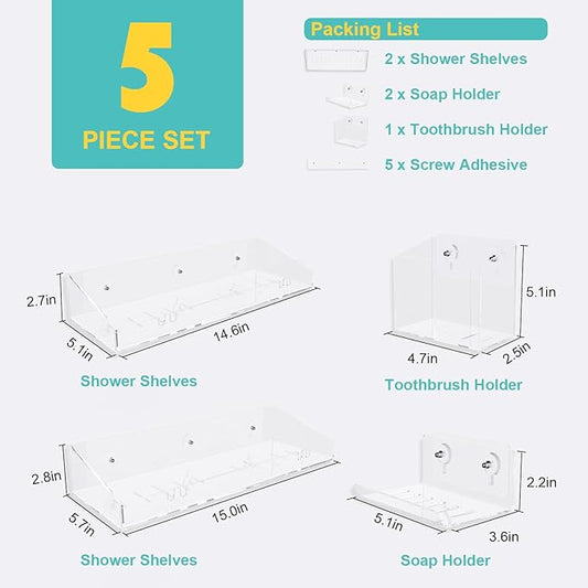 Bakzon Adhesive Shower Caddy, 5 Pack Acrylic Shower Shelves Bath Organizers With Large Capacity, No Drilling Shelves for Bathroom Storage