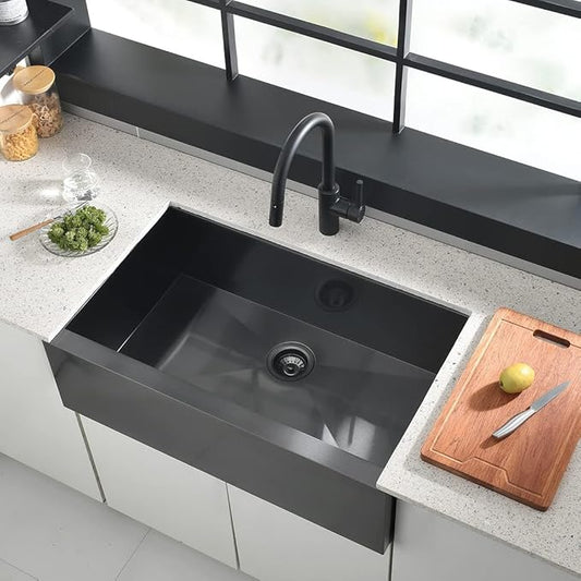 30x20 Black Undermount Farm House Sink, Gabhar 30 Inch 16Gauge Black Stainless Steel Single Bowl Apron Front Farmer Kitchen Sink