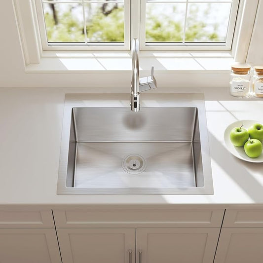 HOTIS 22x18 Inch Drop In Kitchen Sink, Stainless Steel Handmade Single Bowl Topmount Kitchen Sink, Brushed Nickel Prep Sink with Strainer