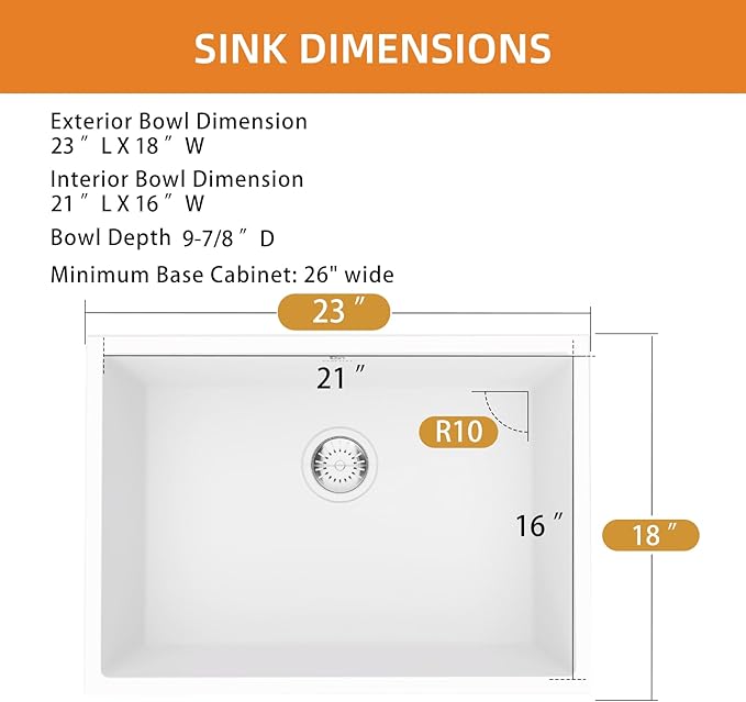 Quartz Kitchen Sink, 23 Inch White Undermount Kitchen Sinks, Deep Single Bowl Granite Composite Sink, Modern Sinks Providing Complete Accessories, Spacious Workspace and Easy Cleaning