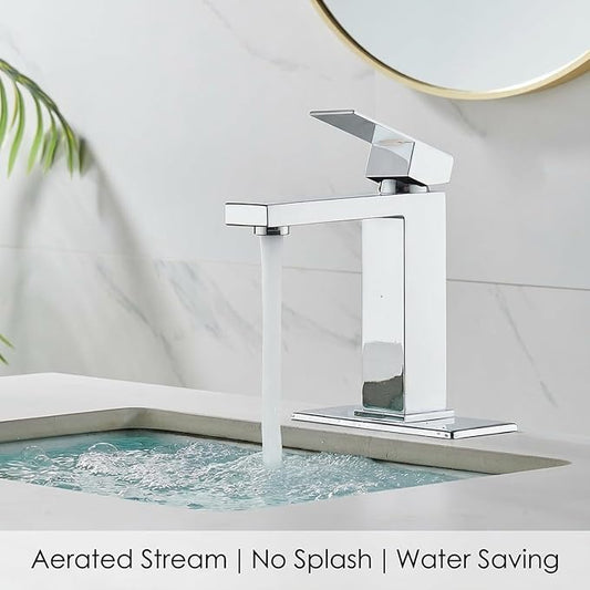 AVSIILE Chrome Bathroom Faucet, Single Hole Vanity Bath Faucet, Single Handle Modern Stainless Steel Bathroom Faucets for Sink 1 Hole with Pop Up Drain Stopper & Water Supply Hoses
