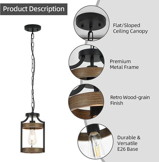 Farmhouse Pendant Light, Rustic Wood Metal Light Fixtures with Adjustable Hanging Chain, Small Pendant Lighting for Kitchen Island, Dining Room, Entryway, Cafe & Bar, 1 Pack