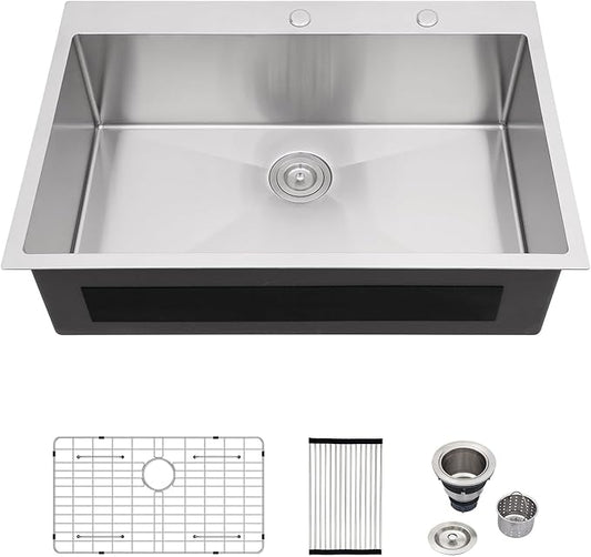 Logmey 33 Drop In Kitchen Sink - 33x19 Inches Stainless Steel Drop-in Kitchen Sinks 16 Gauge Round Corner Topmount Sink Overmount Single Bowl Kitchen Sinks