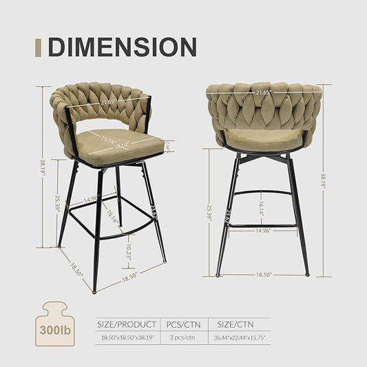 LUMISOL Bar Stool Set of 2, Golden Legs Bar Stools No Adjustable Kitchen Island Chairs Upholstered Bar Chair Counter Stool Arm Chairs with Back Footrest, Light Brown