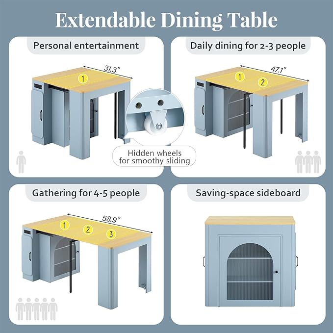 Mobile Extendable Dining Table with 3 Removable Middle Leaves and Power Outlets for 2-5 People, Kitchen Island with Storage Cabinet and Drawers, Kitchen Island Cart for Dining Room (Grey Blue)