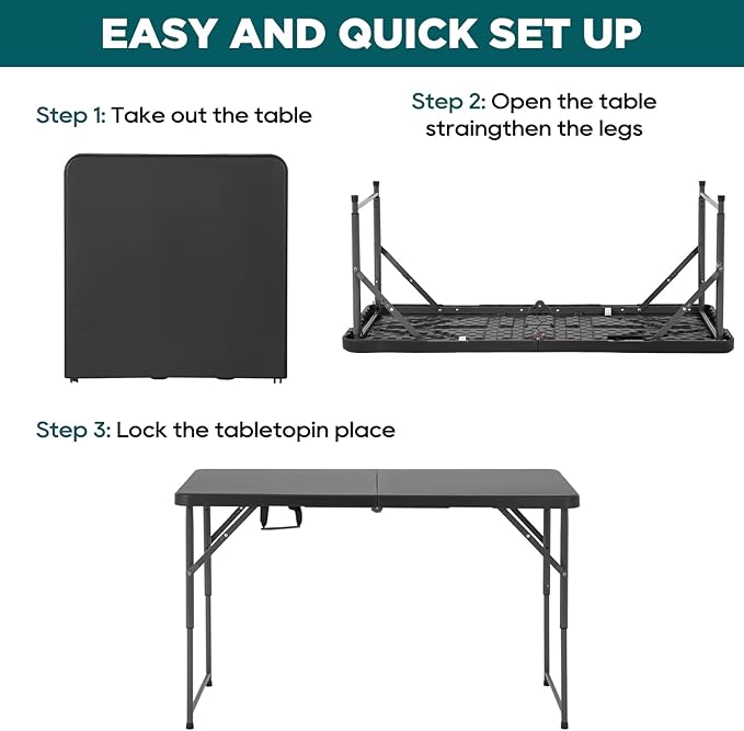FDW 4 Foot Outdoor Dining Table, Foldable Portable Rectangular Plastic Folding Table with Built in Carrying Handle and Height Adjustable for Party and Wedding Use, Black