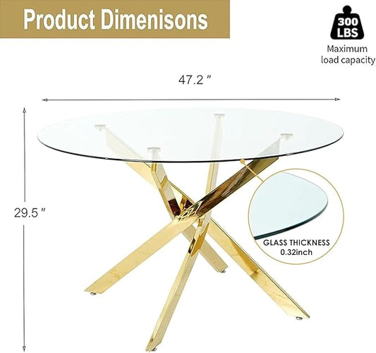 47-Inch Round Tempered Glass Dining Table for 4-6 Person - Heavy-Duty Metal Base with Adjustable Non-Slip Floor Protectors - Modern Large Kitchen Table for Dining Room, Apartment, Condo (Gold)