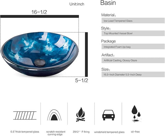 Bathroom Artistic Vessel Sink, Tempered Glass Vanity Round Bowl with Oil Rubber Bronze Faucet and Pop up drain Set, Ocean Blue