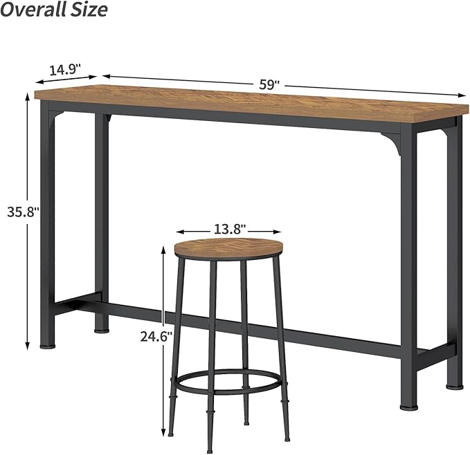 HOMYSHOPY Bar Table Set for 3, 4 Piece Console Table with 3 Stools, Counter Height Sofa Table Set with 3 Chairs for Breakfast Nook, Living Room and Apartment (Brown)