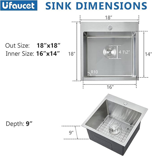 18 Inch Drop In Bar Sink, 18 x 18 Stainless Steel Single Bowl Top Mount Drop In Bar Wet Prep RV Outdoor Kitchen Sink, 16 Gauge Brushed Nickel
