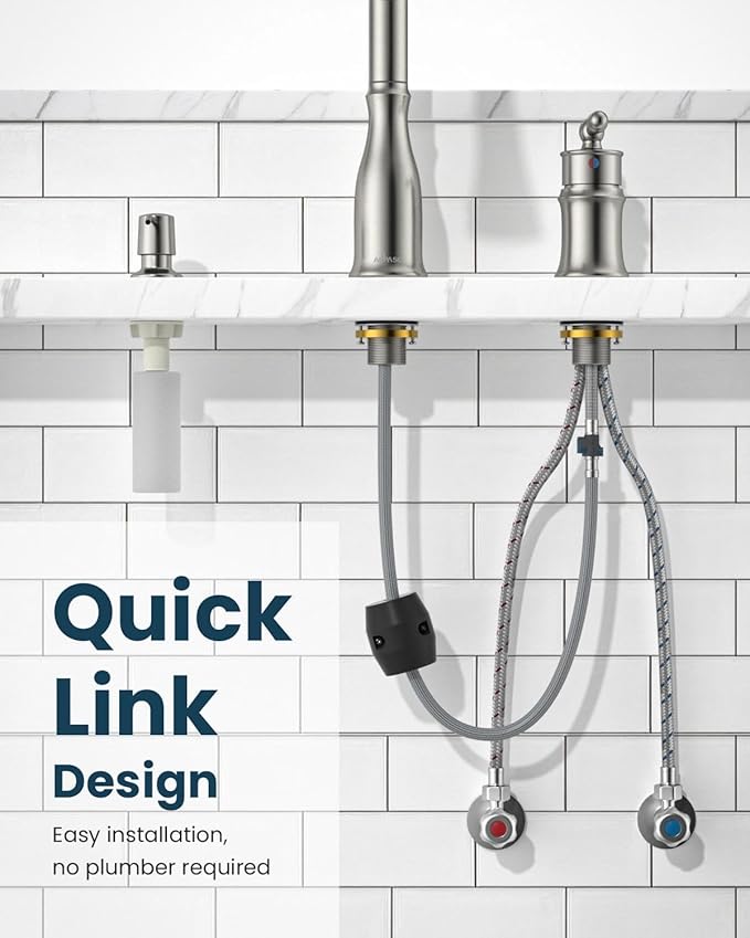 APPASO 3 Hole Kitchen Faucet with Pull Down Sprayer Brushed Nickel, 3 Pieces Kitchen Faucet with Soap Dispenser and Separate Side Handle, Stainless Steel, High Arc Sink Faucets for 2-3 Hole Sink