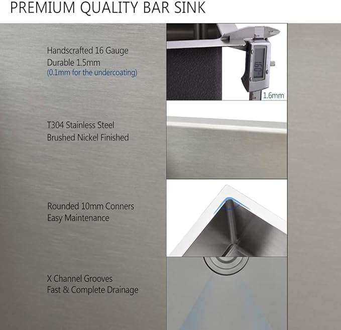 Stainless Steel Undermount Bar Sink, 15 x 17 Inches Small Wet Bar Undermount 16 Gauge SUS304 Brushed Nickel Single Bowl Outdoor Kitchen Sink