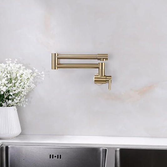 Avola Gold Pot Filler Faucet Wall Mount, Pot Filler Kitchen Faucet 360 Swing Arm Folding Stretchable with Single Hole Faucet,Brushed Gold Finish