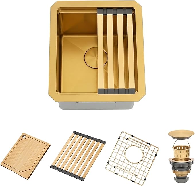 Gold Bar Sink 13 x 15 Inch, Gold Undermount Kitchen Sinks,16 Gauge SUS304 Stainless Steel All in One Workstation Sinks with Accessories,13" x 15" x 10" Small Kitchen Sink For Wet Bar and RV
