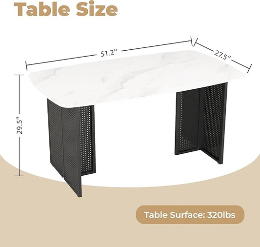 51" White Marble Dining Table, 4-6 Person Modern Kitchen Dining Room Tables with Marble Pattern Tempered Glass Top and Black Hollow-Out Metal Base, Space Saving Rectangle Dinner Table for Home