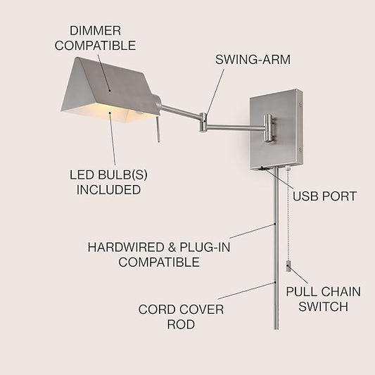 JONATHAN Y 22" Nickel Swing Arm Wall Sconce, Plug-in or Hardwired with USB Charging Port and Pull Chain, Iron Shade, Industrial LED Reading Lamp (JYL6015C)