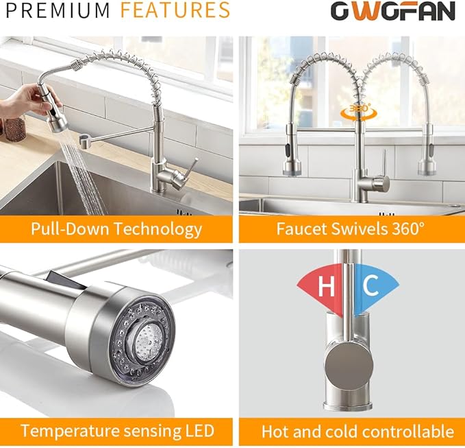 LED Light Kitchen Faucet with Pull Down Sprayer Sus304 Stainless Steel Industrial Single Handle Faucet for Farmhouse Camper Laundry Utility Rv Wet Bar Sinks Brushed Nickel 9003SN