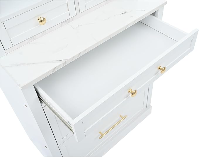 Modern 83.7inch High Kitchen Pantry Freestanding Tall Hutch with Faux Marble Top Display Cupboard with 5 Storage Drawers Practical(White)