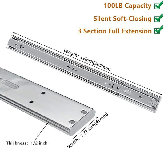 LONTAN 6 Pairs Soft Close Drawer Slides 12 inch Heavy Duty Ball Bearing Dresser Drawer Glides 9.76" Extension Side Mount Kitchen Cabinet Rails 100lb Capacity