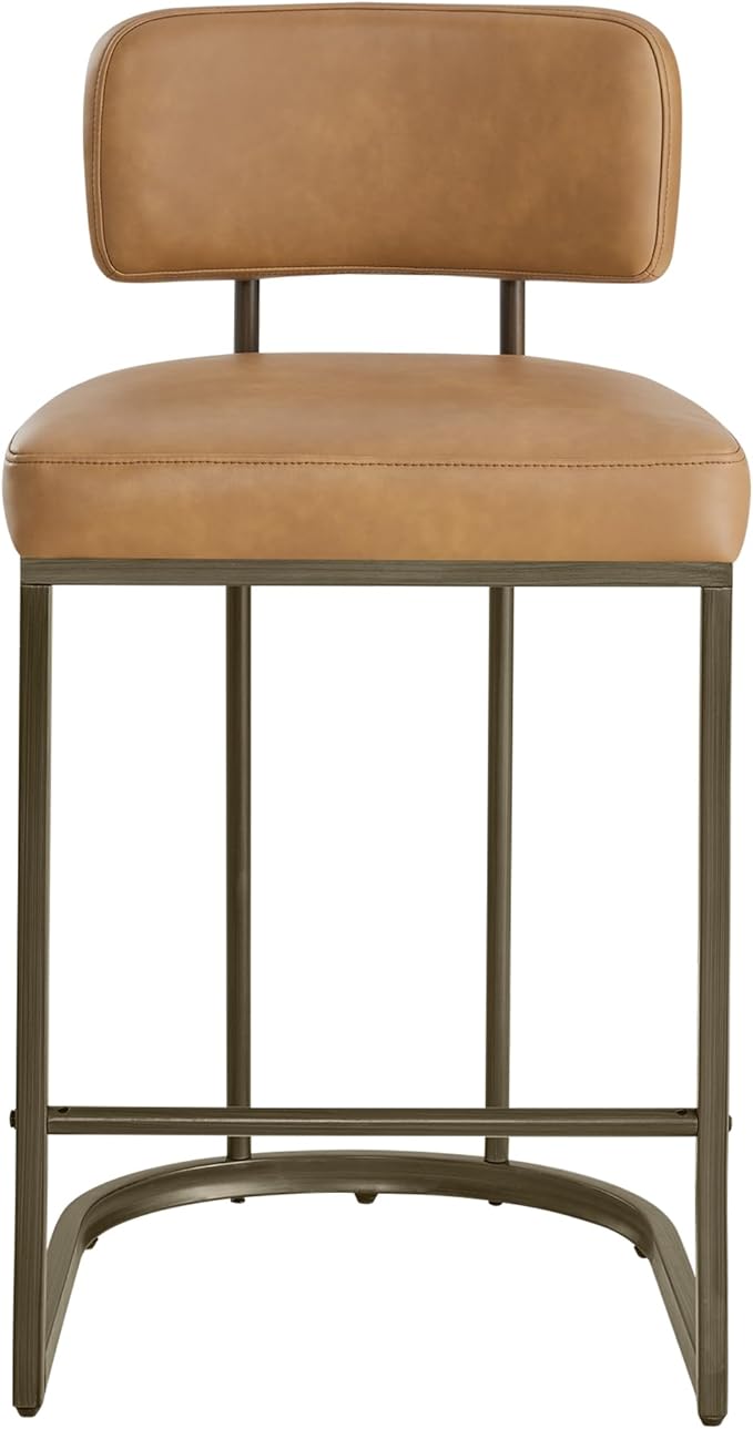 26" H Counter Height Bar Stools Set of 3, Modern Faux Leather Upholstered Barstools with Backrest for Kitchen Island, Gold Metal Frames, Brown