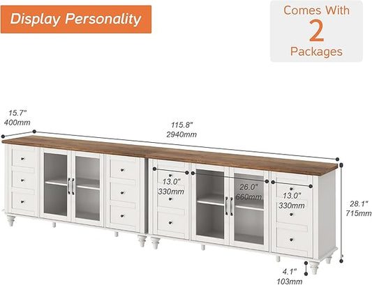 WAMPAT 2-in-1 Sideboard Buffet Cabinets with Glass Door, Kitchen Storage Cabinets, Wood Coffee Bar Tables, Accent Sideboard Storage Cabinet Table Dining Room, Living Room,White