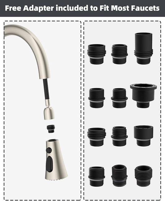 Hibbent 3-Function Pull Down Kitchen Faucet Head Replacement with 12 Adapters, NSF/ANSI/CAN 61 & CUPC Certified Sink Spray Nozzle, Compatible with Moen, Delta, Kohler Faucets, Brushed Nickel
