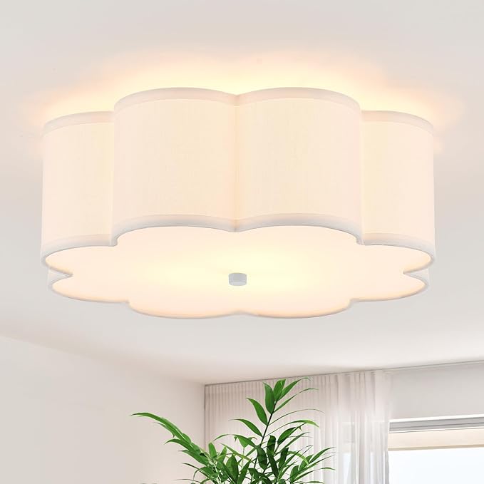 Modern Drum Semi Flush Mount Ceiling Light 3-Lights Modern 17.71" White Drum Ceiling Lighting Fixture Vintage Modern Linen Ceiling Lamp for Kitchen, Basement, Bedroom, Laundry Room