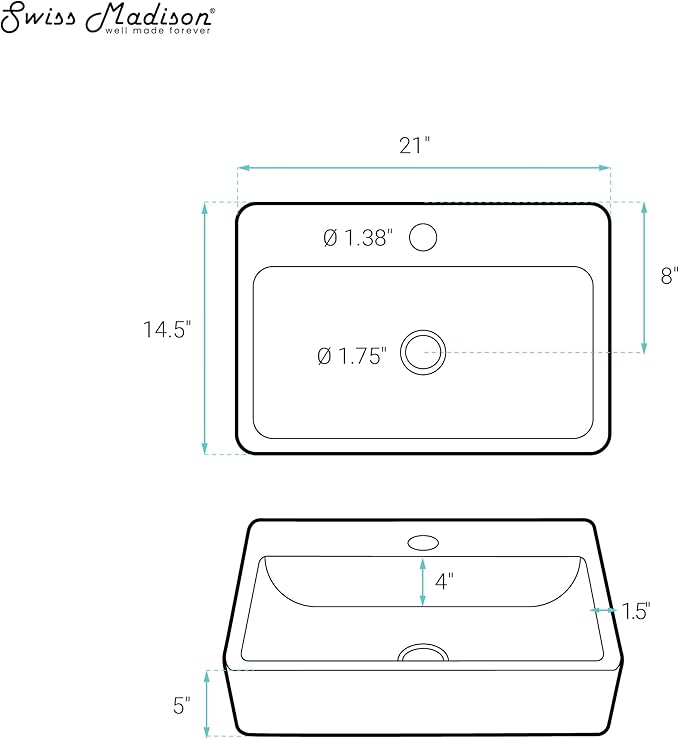 Swiss Madison SM-VS203 Claire 20" Rectangle Vessel Sink, Glossy White
