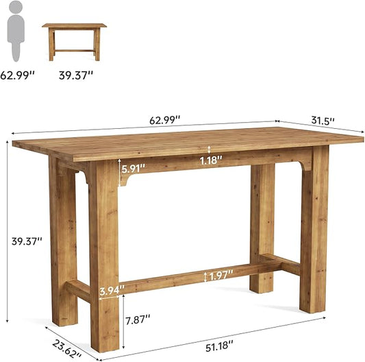 63-Inch Counter Height Dining Table, Solid Wood bar Height Kitchen Table for Dining Room, Rectangular Home Bar Furniture with Natural Grain, Brown
