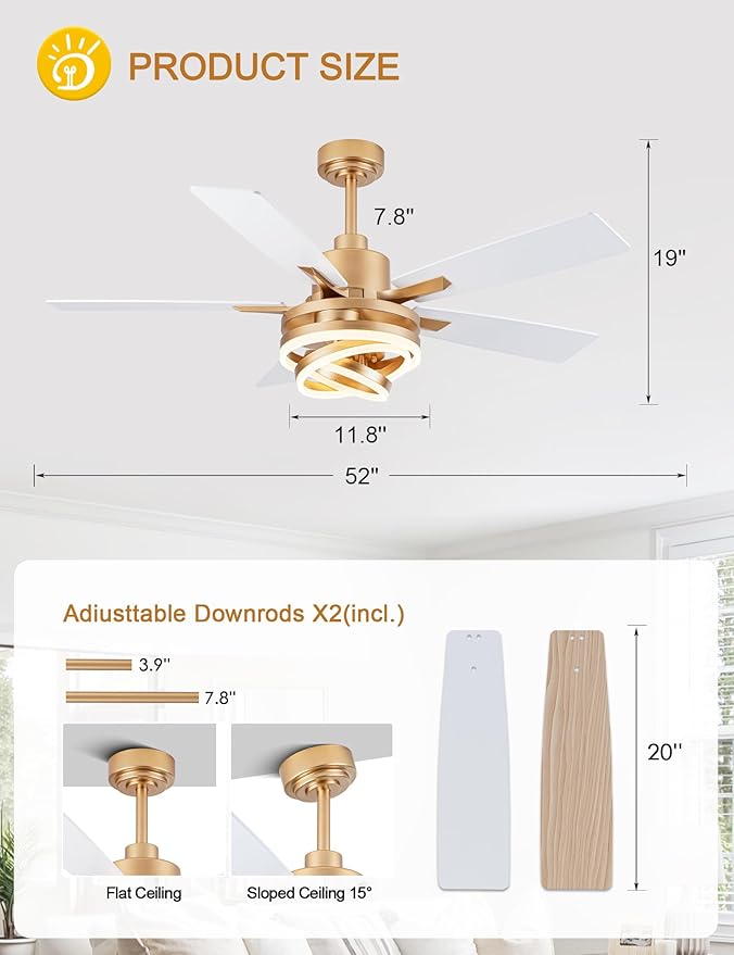 Dawn Whisper 52" White Ceiling Fan with Light Modern Chandelier Fan DC Motor Dimmable LED Ceiling Fan with Light for Bedroom Living Room