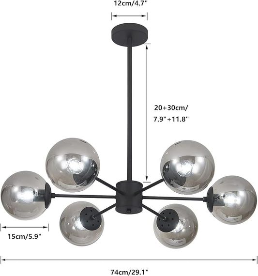 KCO Lighting Mid Century Modern Globe Sputnik Chandelier 6-Light Smoke Gray Glass Globe Flush Mount Ceiling Light Black Farmhouse Kitchen Island Lighting Fixture (Black+Smoke Gray)