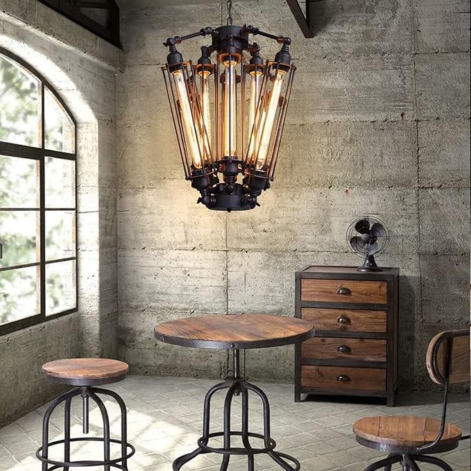 Industrial Metal Chandelier, 8 Lights Retro Chandelier Vintage Steampunk Style Pendant Light Loft Ceiling Fixture Pendant Hanging Lamp Geometric Structure Ceiling Lamp for Kitchen Living Room Bar