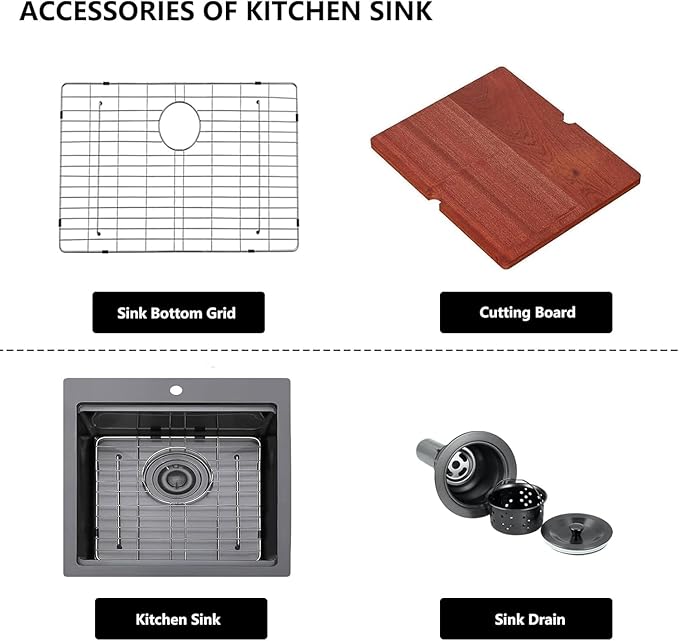 IKEBANA 21x20 inch Black Kitchen Sink, 21 inch Drop in Bar Sink, Stainless Steel 16 Gauge Small Topmount Workstation Sinks, Single Bowl Kitchen Sinks for Prep Rv Laundry Wet Bar With Accessories