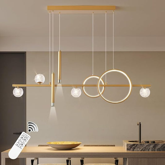 ORANOOR LED Gold Chandeliers for Dining Room, 47in Dimmable Modern Chandelier Gold Pendant Lights for Kitchen Island, Linear Ring Globe Pendant Light Fixtures Dining Room Lights Ceiling Hanging