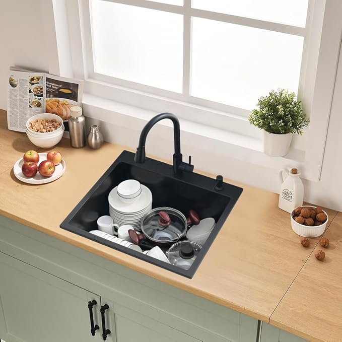 25x22 Drop In Kitchen Sink, Matte Black Granite Composite Quartz Drop In Sink Single Bowl Outdoor Kitchen Sink 25-inch Utility Drop-In/Topmount with Small Rubber Squeegee