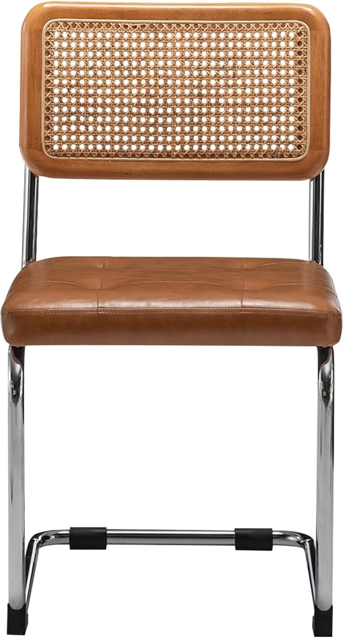 Alunaune Modern Mid Century Brown Dining Chairs Set of 2, Upholstered Natural Rattan Kitchen Chairs, Armless Accent Chair Side Chairs with Metal Chrome Legs for Bedroom Living Room-PU Seat