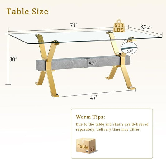 Glass Dining Table 71"|Modern Dining Table for 6-8|0.4" Thick Tempered Glass Top|Chrome Gold Metal Legs|Grey Crossbar|Easy Assembly|Perfect for Dining Room or Kitchen