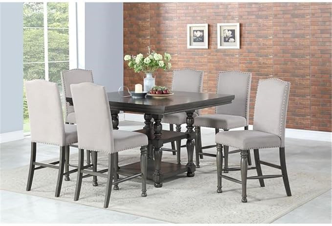 BOWERY HILL Counter Height Chair Set of 2, Harbor Gray Finish, Light Stone Fabric, 20" W x 24" D x 45" H, Shield Back with Nailhead Trim, Turned Legs, Stretchers, Kitchen Island or Bar Seating