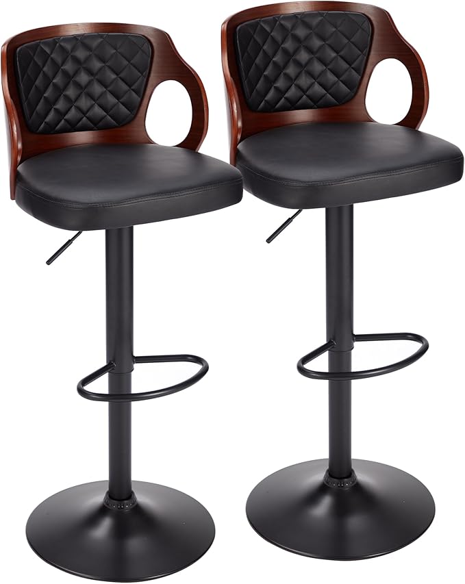 VECELO Swivel Bar Stools Set of 2, Adjustable Counter Height Stools with Bentwood Back, Armrest, Footrest & PU Leather Seat, Modern Bar Chairs for Kitchen Island, Black