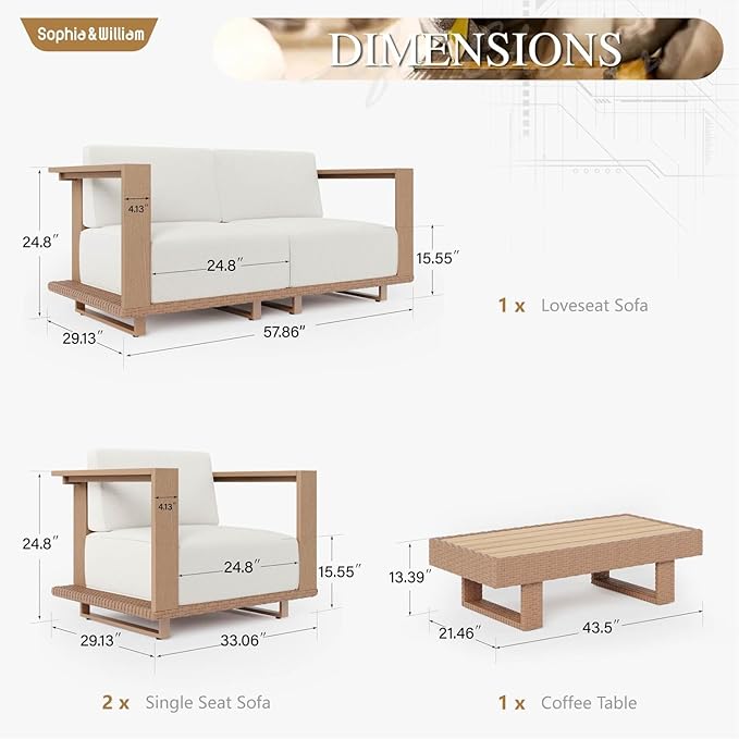 Sophia & William HDPE Patio Furniture Set,Modern Outdoor Sectional Sofa Set with 9.8" Cushions and 43.5" Wood Grain Coffee Table, Deep Seating Outdoor Conversation Set for Backyard(Beige, 5 Pieces)