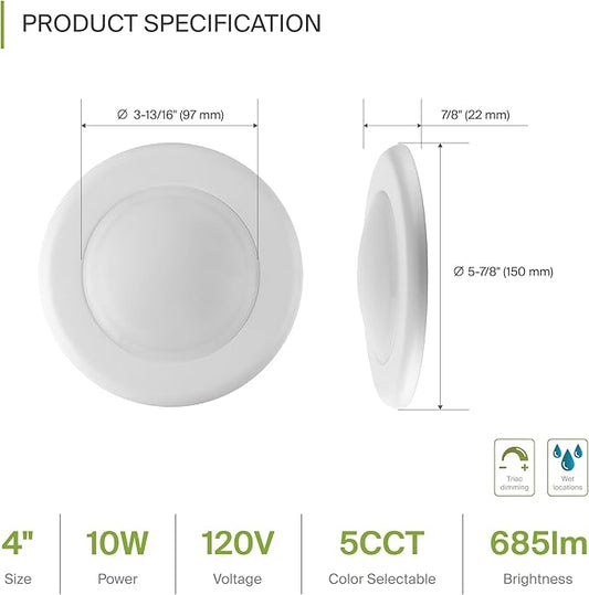 ASD 1 Pack LED Disk Lights 4 Inch, 10W 5CCT 2700K-5000K 685LM CRI90+, Dimmable Flush Mount Ceiling Light Fixture, Low Profile Surface Mount Disc Lights, Junction Box or Recessed Can Install, UL