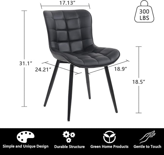 YOUTASTE All Black Dining Chairs Set of 2, Faux Leather Upholstered Armless Chairs with Back and Metal Legs, Mid Century Modern Kitchen Chairs for Living Room, Vanity, or Guest Reception Room