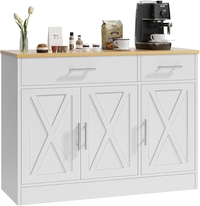 SUNLEI Sideboard Buffet Cabinet with Storage, Kitchen Storage Cabinet with 3 Doors and 2 Drawers, Farmhouse Coffee Bar with Adjustable Shelf for Living Room, White&Yellow
