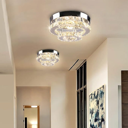 Mini Chandelier LED Crystal Ceiling Light 2 Layers Round Flush Mount Ceiling Light Modern Chandelier Lighting for Hallway Staircase Kitchen Bathroom (Dimmable)