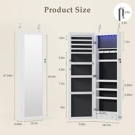 DUMOS 6 LEDs Mirror Jewelry Cabinet, Wall or Door Mounted Jewelry Organizer, 47.2-Inch Tall Lockable Large Capacity Cosmetic Storage, Gift Idea