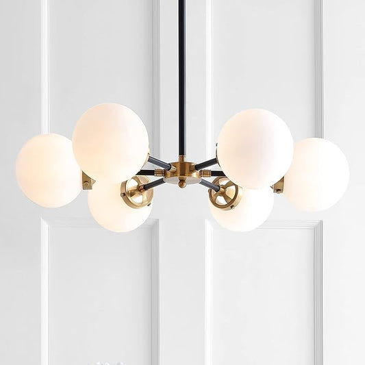 JONATHAN Y 28" Brass Gold/Black Modern 6-Light Cluster Pendant Chandelier, Clear Glass Shade Hanging Fixture for Kitchen Island Dining Room, LED Bulbs Included, Dimmable (JYL9059B)