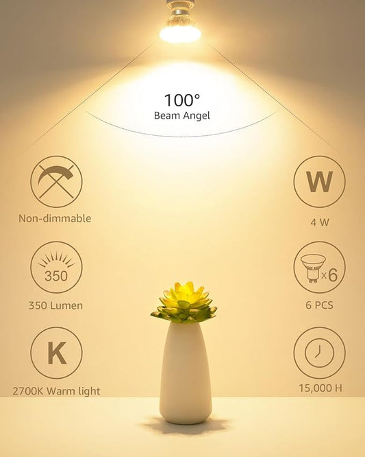 Lepro Non-Dimmable GU10 LED Light Bulbs, 2700K Soft Warm Light GU10 Bulb Replacement for Recessed Track Lights, 4W LED Bulbs with 100°Flood Beam for Kitchen, Range Hood, Living Room, Bedroom, 6 Pack