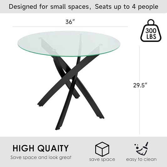 36'' Round Glass Dining Table for 4, Modern Circle Dining Table with Clear Tempered Glass Top & Heavy Duty Black Chrome Metal Legs, Luxury Dinner Table for Dining Room, Kitchen, Living Room