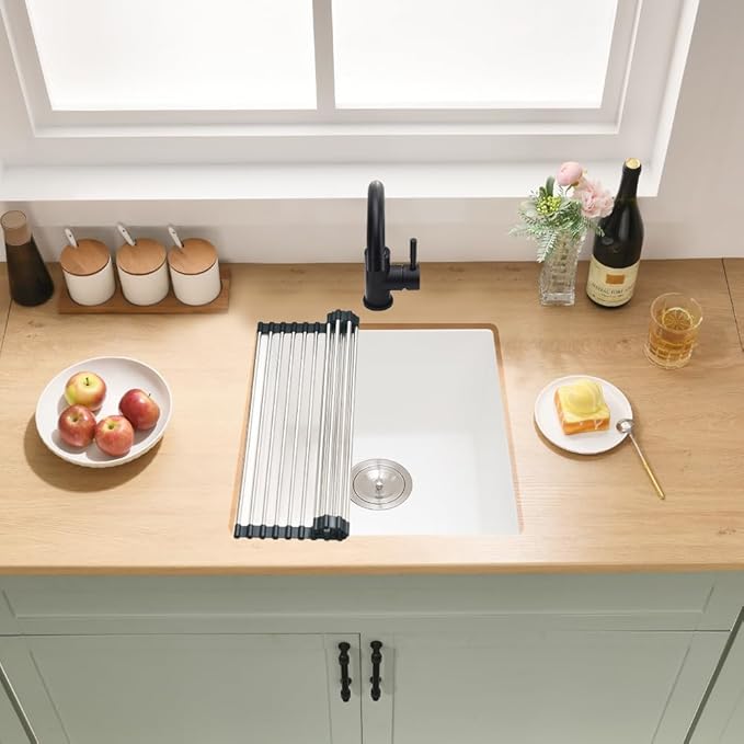 19 Inch Undermount Bar Sink, 19x19 White Quartz Granite Composite Small Undermount Kitchen Sink Single Bowl Square Deep Wet Bar Basin with Small Squeegee Brush Combo