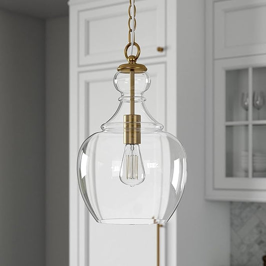 Henn&Hart 11" Mid-Century Modern Pendant Light Fixture with Clear Glass Dome Shade and 6' Adjustable Cord for Kitchen Island, Dining Room or Game Room, Brass